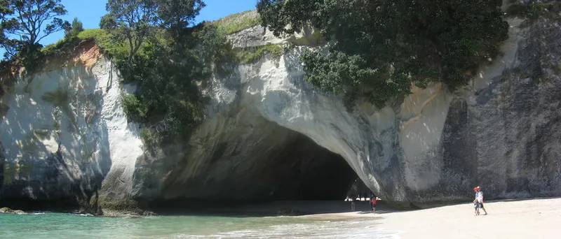 Bucht von Cathedral Cove mit weißen Kalkfelsen und türkisem Wasser