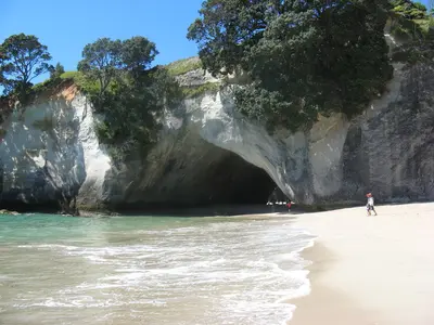 Bucht mit weißen Kalkfelsen, Bäumen und türkisem Wasser