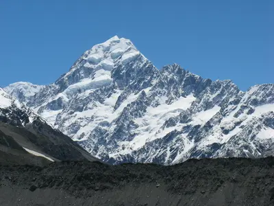 Bergkette mit Gletscher über einem Moränenhang