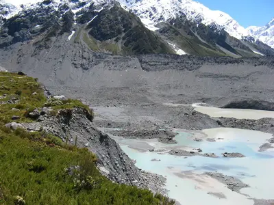Türkise Wasserlachen im Gletscherbecken
