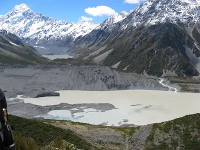 Blick über das Tal auf die vergletscherten Gipfel